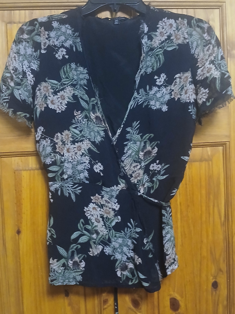 Lucky Brand Black Floral Wrap Blouse